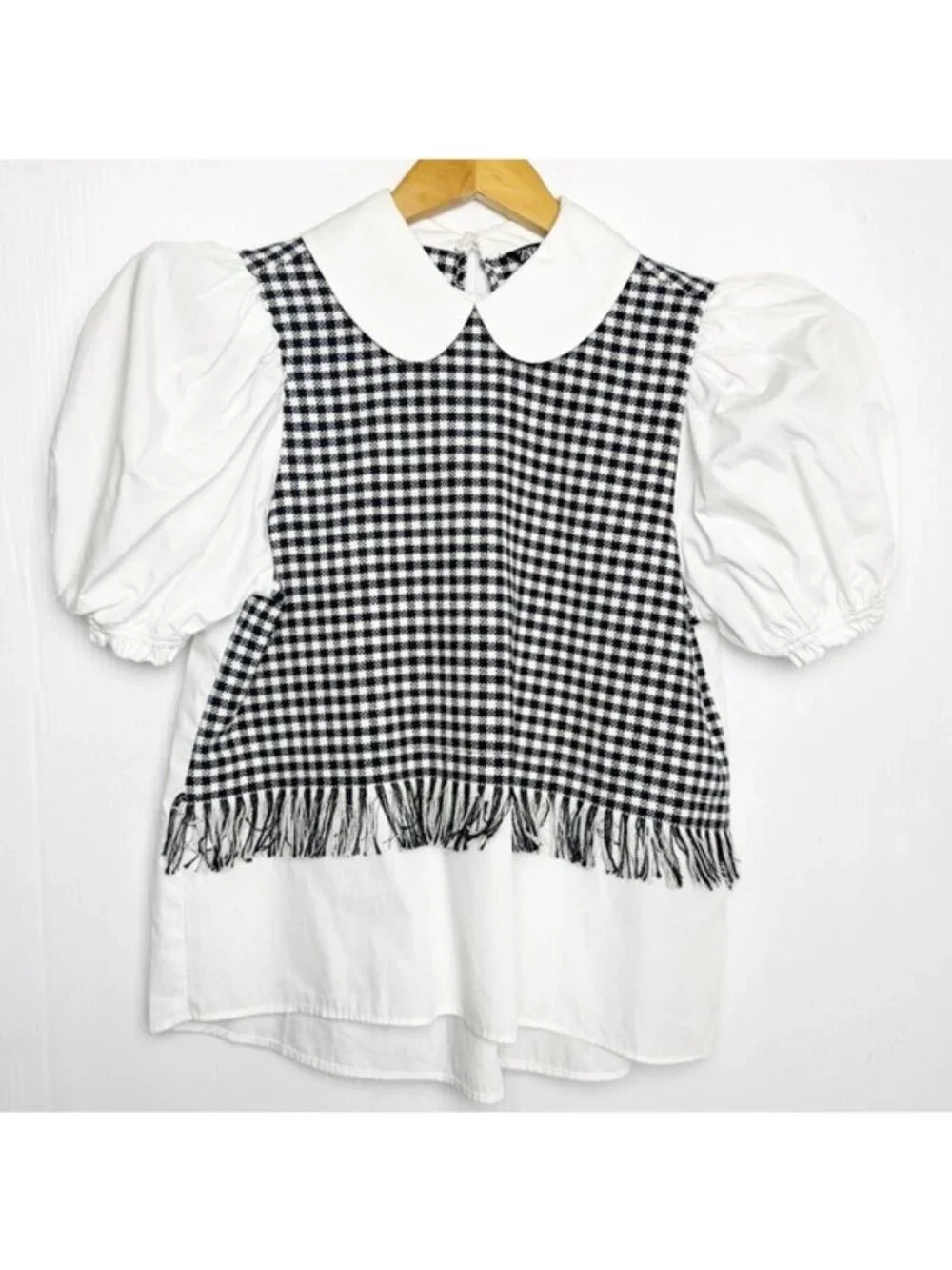 Zara Black and White Checkered Puff Sleeve shirt top w tweed fringed vest Small